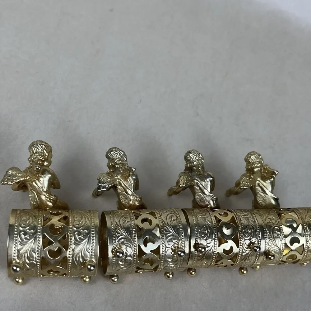 VTG 8pc Gold Tone Metal Angel Playing Violin Filigree Napkin‎ Ring Holder Signed